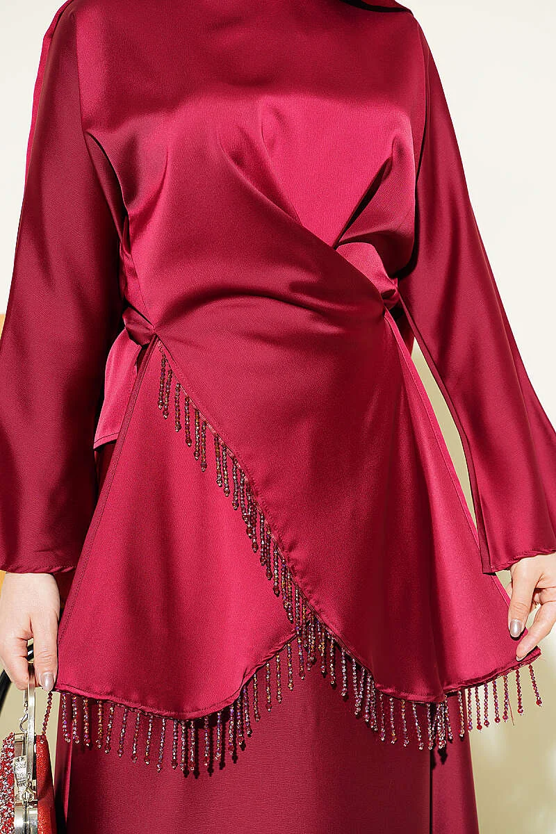 Satin Skirt Set with Stone Tassels Burgundy all'ingrosso clothing set view 4 - Hicabistan fabbrica Turchia