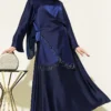 Satin Skirt Set with Stone Tassels Navy Blue Großhandel clothing set - Hicabistan Türkei Fabrik