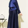 Satin Skirt Set with Stone Tassels Navy Blue Großhandel clothing set view 3 - Hicabistan Türkei Fabrik