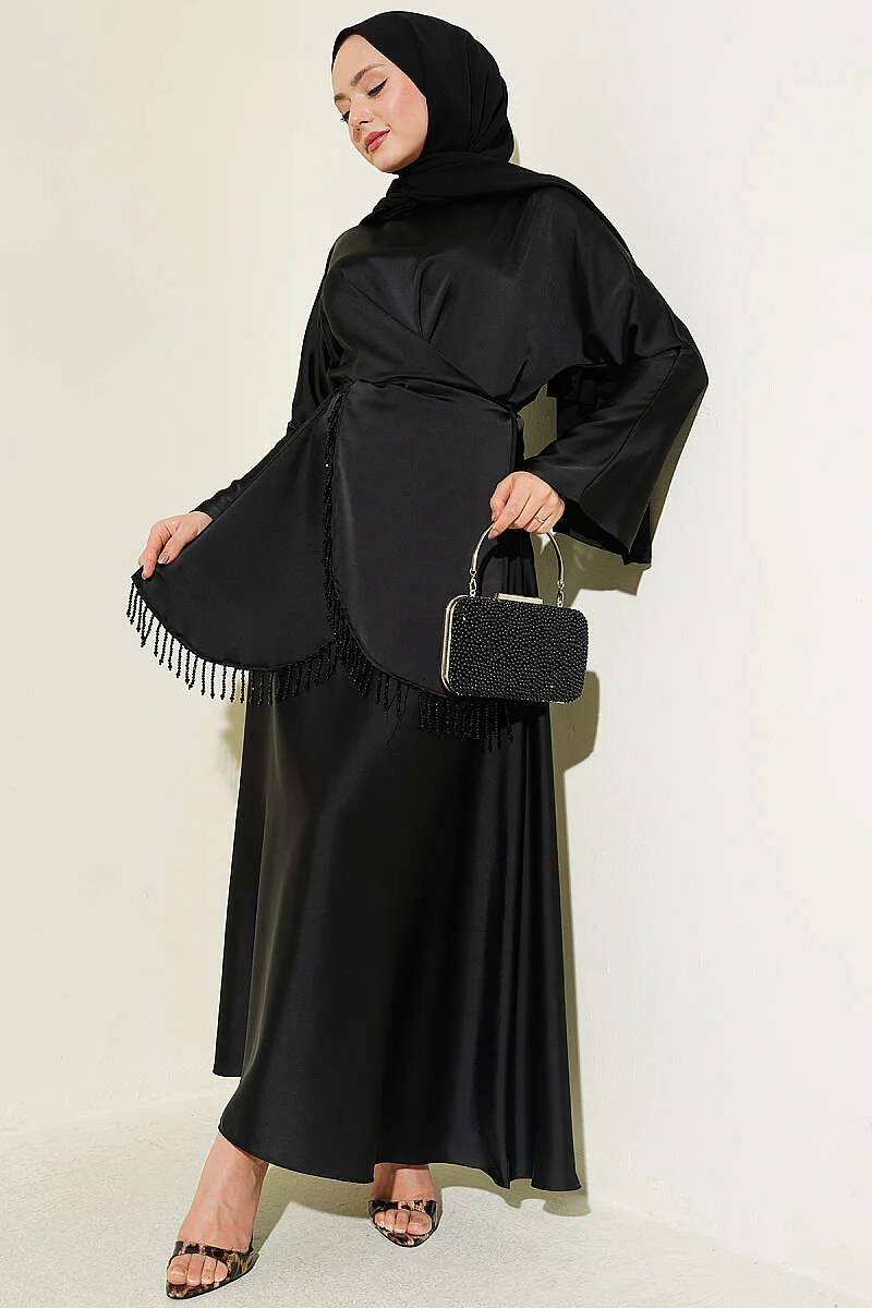 Satin Skirt Set with Stone Tassels Black all'ingrosso clothing set - Hicabistan fabbrica Turchia
