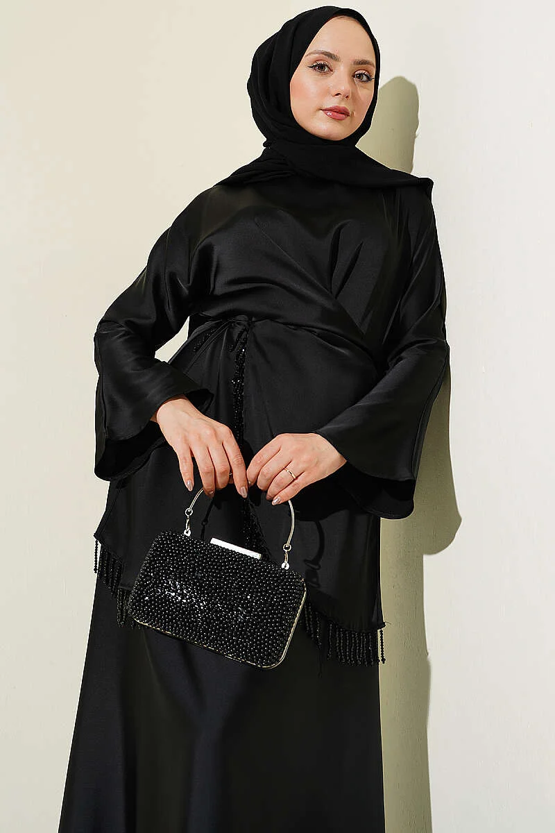 Satin Skirt Set with Stone Tassels Black all'ingrosso clothing set view 2 - Hicabistan fabbrica Turchia