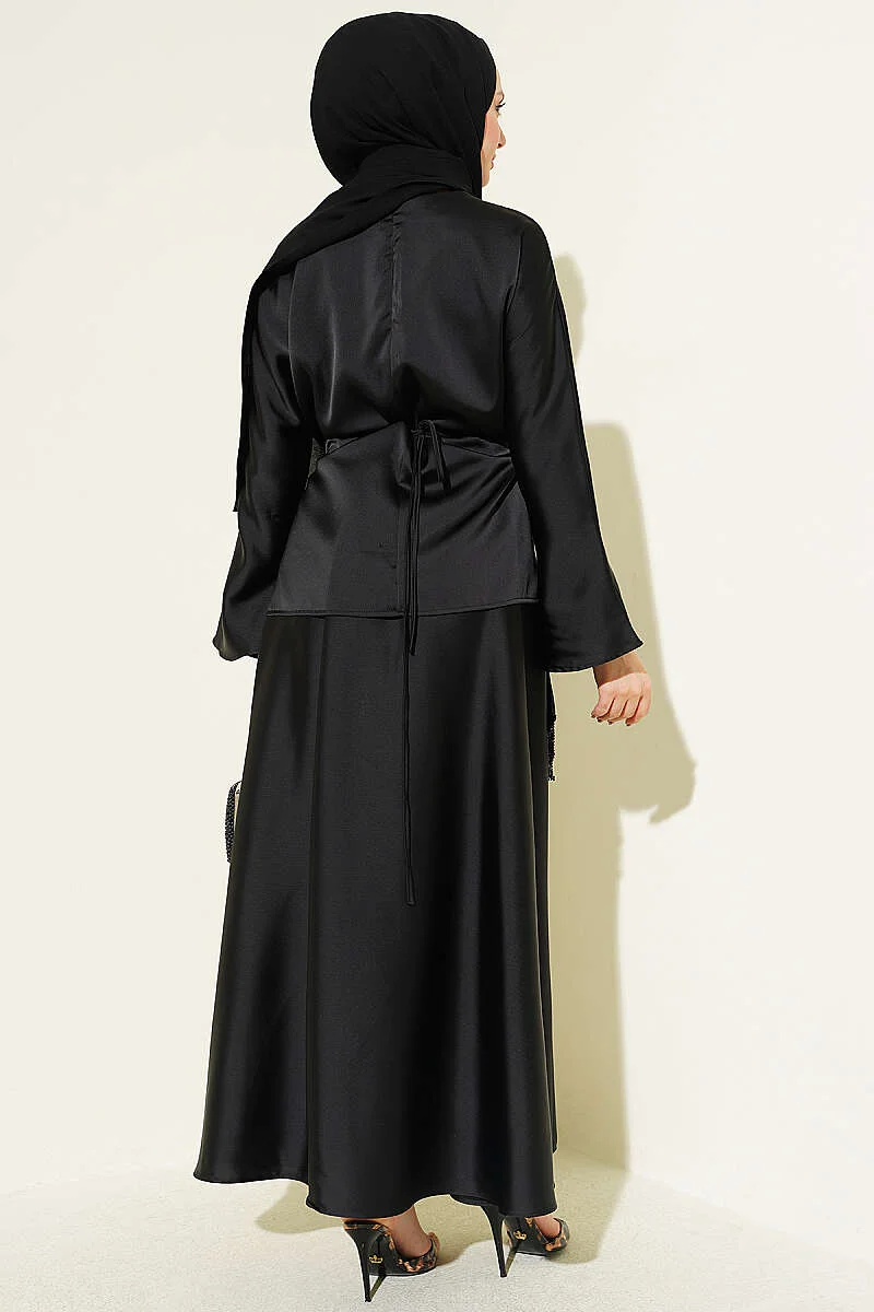 Satin Skirt Set with Stone Tassels Black all'ingrosso clothing set view 3 - Hicabistan fabbrica Turchia