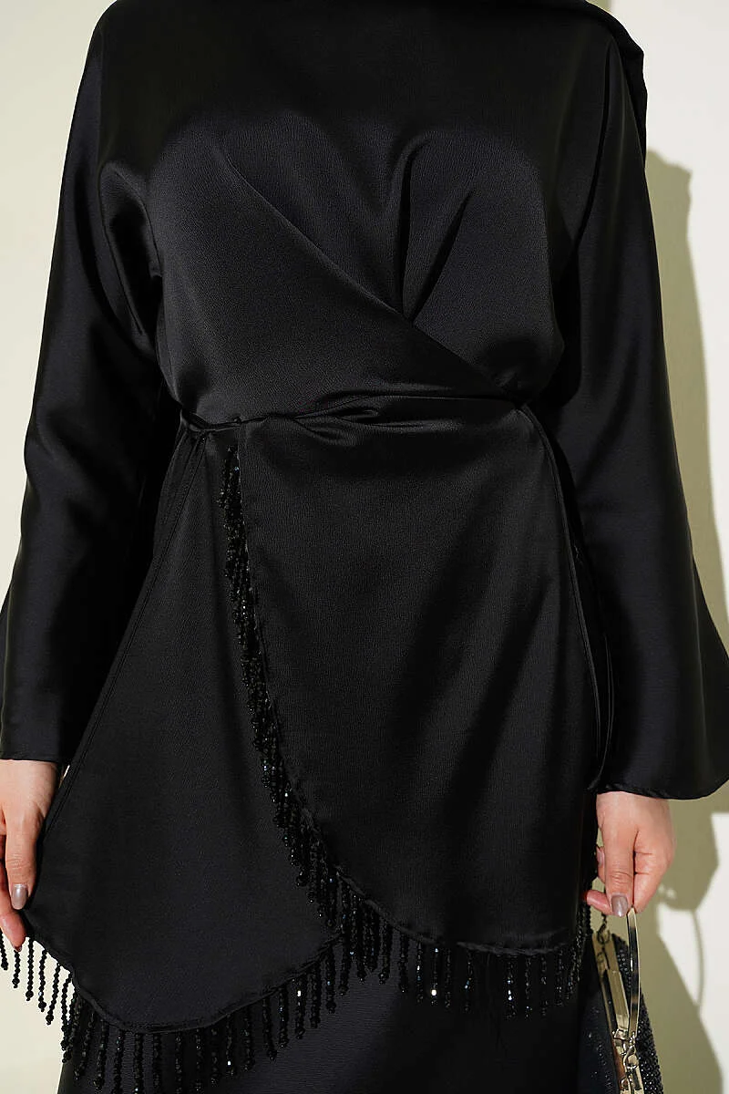 Satin Skirt Set with Stone Tassels Black all'ingrosso clothing set view 4 - Hicabistan fabbrica Turchia