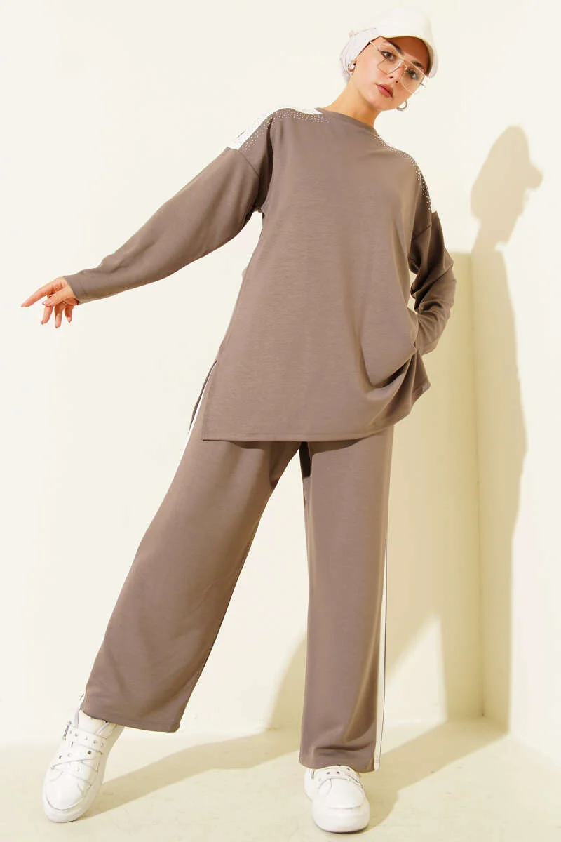 Stone Embellished Two-Piece Set Mink
