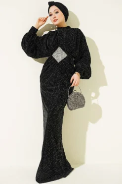 Stone Embellished Waist Tie Dress Black en gros dress - Hicabistan usine Turquie