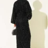 Stone Embellished Waist Tie Dress Black Großhandel dress view 3 - Hicabistan Türkei Fabrik