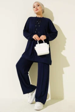 Stone Embellished Loysha Two-Piece Set Navy Blue