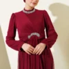 Stone Embellished Cuff Buttoned Evening Dress Burgundy Großhandel dress view 2 - Hicabistan Türkei Fabrik