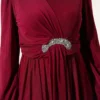 Stone Embellished Cuff Buttoned Evening Dress Burgundy Großhandel dress view 4 - Hicabistan Türkei Fabrik