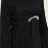 Stone Embellished Cuff Buttoned Evening Dress Black all'ingrosso dress view 4 - Hicabistan fabbrica Turchia