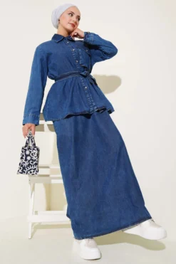 Single Pocket Denim Jumper Set Navy Blue