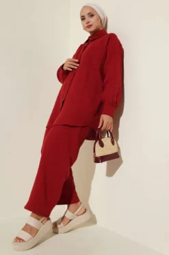 Single Pocket Muslin Two-Piece Set Burgundy