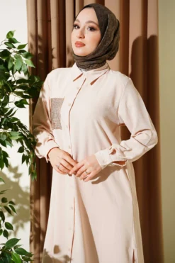 One Pocket Mini Stone Detail Loose Two-Piece Set Beige all'ingrosso clothing set view 2 - Hicabistan fabbrica Turchia