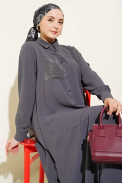 One Pocket Mini Stone Detail Loose Two-Piece Set all'ingrosso clothing set view 2 - Hicabistan fabbrica Turchia