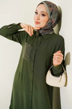 One Pocket Mini Stone Detail Loose Two-Piece Set Khaki all'ingrosso clothing set view 2 - Hicabistan fabbrica Turchia