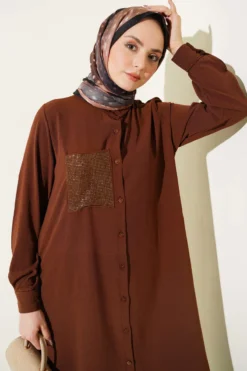 One Pocket Mini Stone Detail Loose Two-Piece Set Brown all'ingrosso clothing set view 2 - Hicabistan fabbrica Turchia