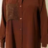 One Pocket Mini Stone Detail Loose Two-Piece Set Brown Großhandel clothing set view 4 - Hicabistan Türkei Fabrik