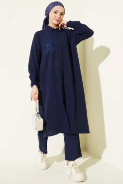One Pocket Mini Stone Detail Loose Two-Piece Set Navy Blue