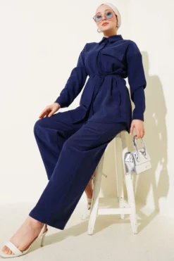 Single Pocket Tencel Two-Piece Set Navy Blue