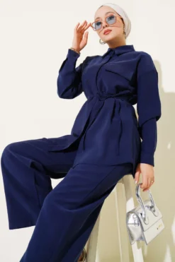 Alternative view of Single Pocket Tencel Two-Piece Set Navy Blue