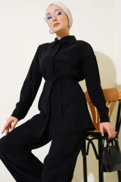 Alternative view of Single Pocket Tencel Two-Piece Set Black
