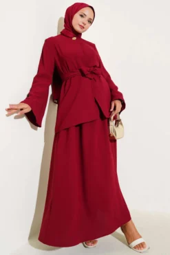 Single Button Belted Dabil Two-Piece Set Burgundy بالجملة clothing set view 2 - Hicabistan مصنع تركيا