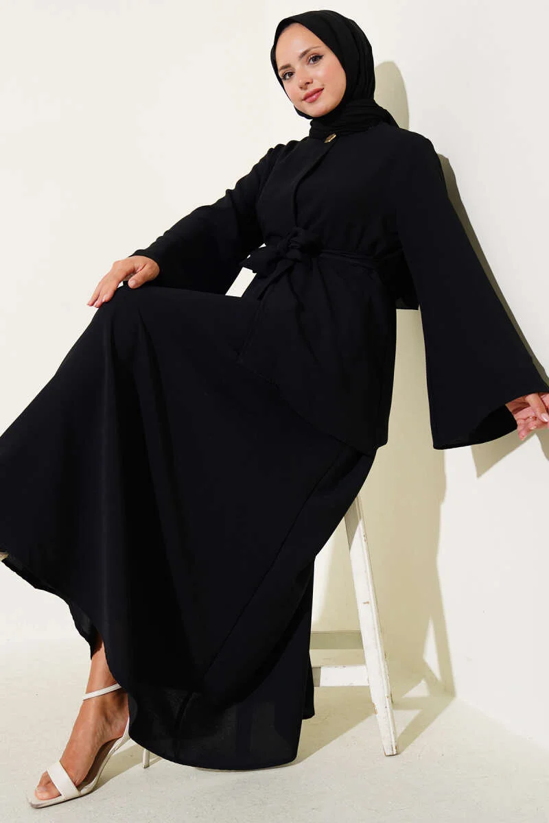 Single Button Belted Dabil Two-Piece Set Black