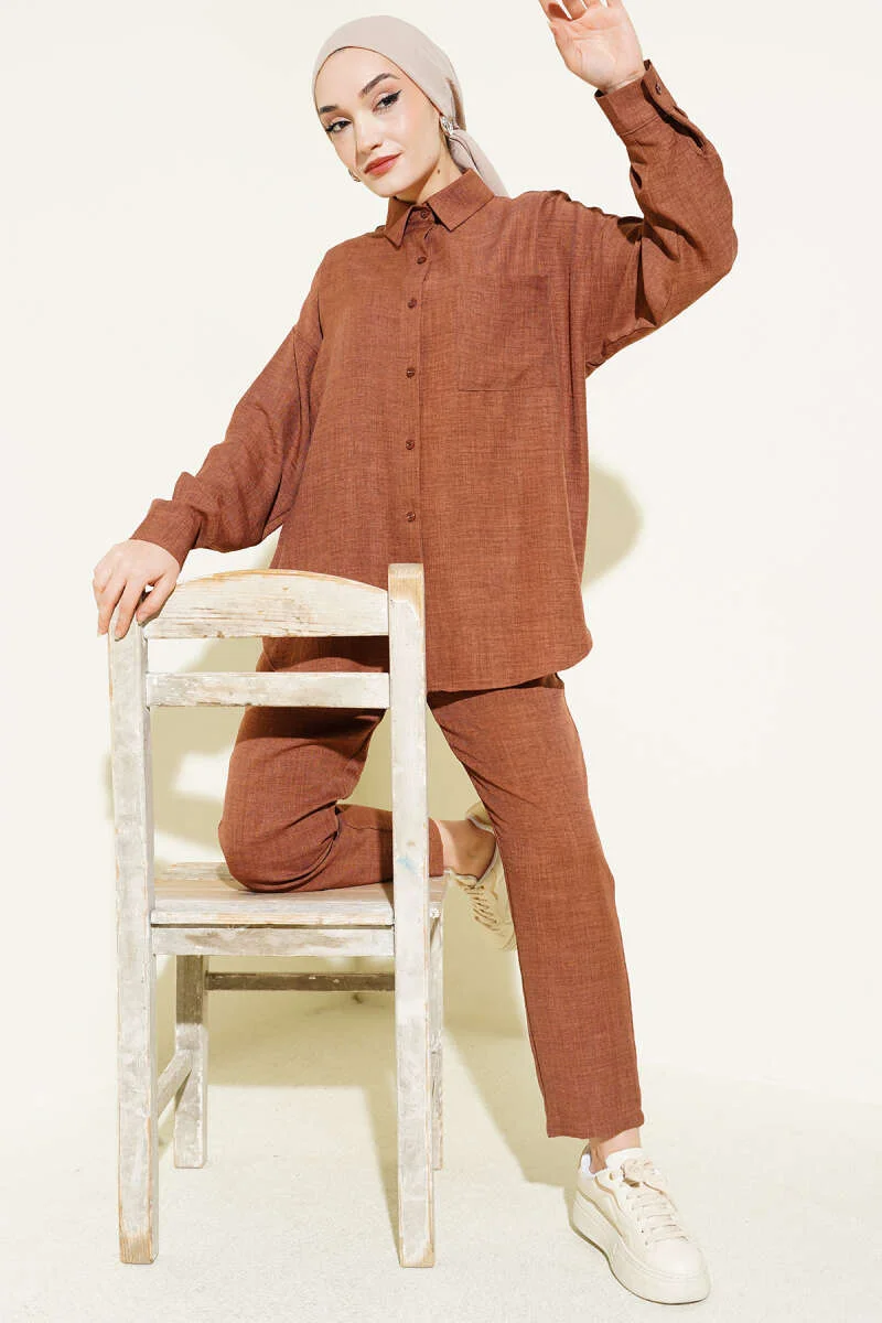Single-Breasted Pocket Shirt Set Brown wholesale clothing set - Hicabistan Turkey factory