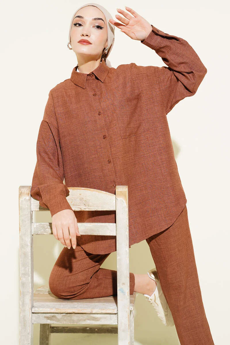 Single-Breasted Pocket Shirt Set Brown wholesale clothing set view 2 - Hicabistan Turkey factory