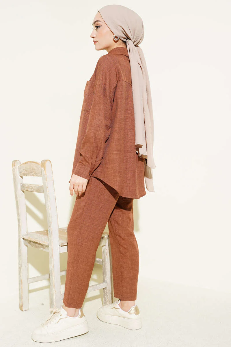 Single-Breasted Pocket Shirt Set Brown wholesale clothing set view 3 - Hicabistan Turkey factory