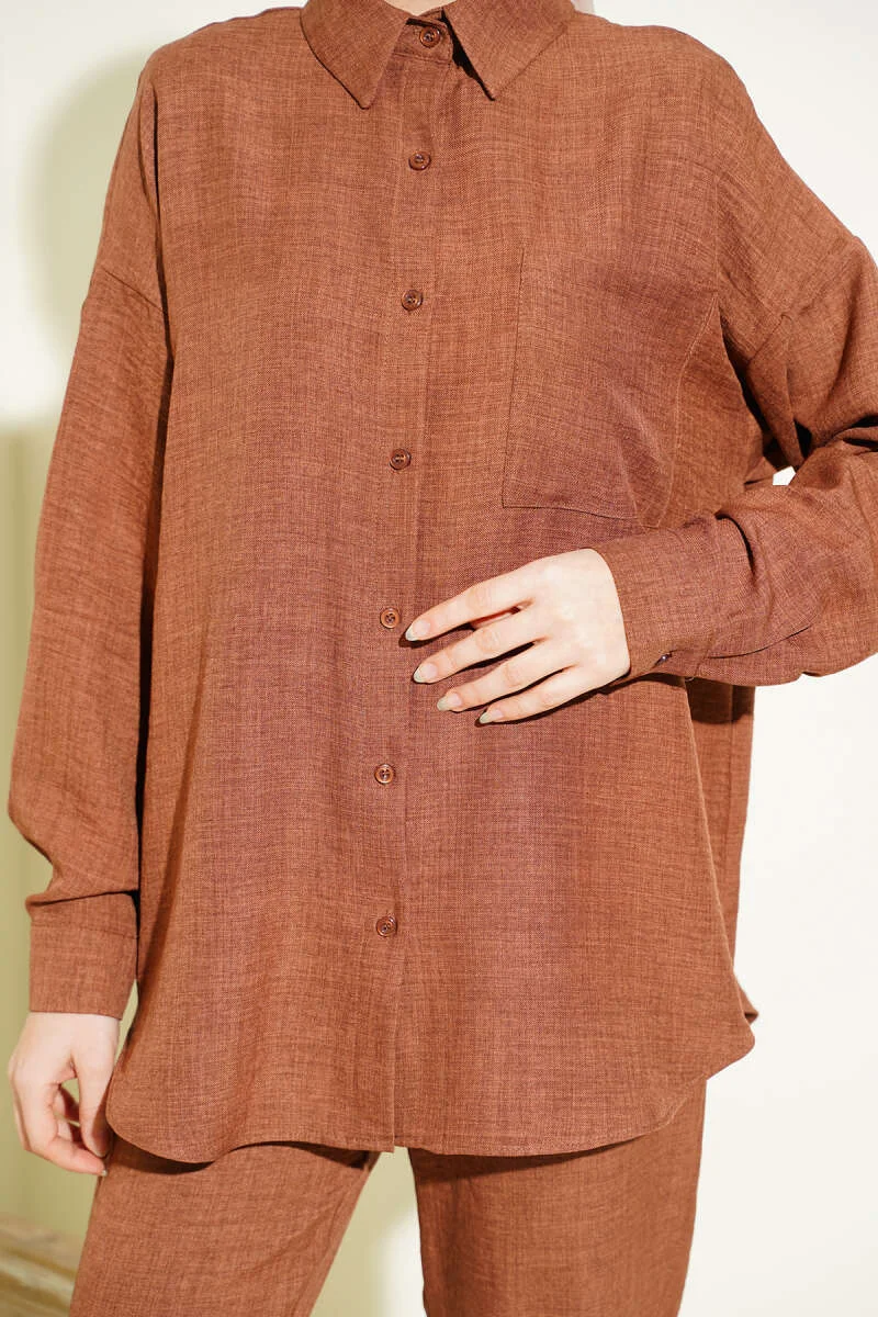 Single-Breasted Pocket Shirt Set Brown wholesale clothing set view 4 - Hicabistan Turkey factory