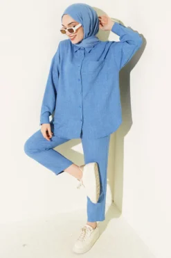 Single-Breasted Pocket Shirt Set Blue