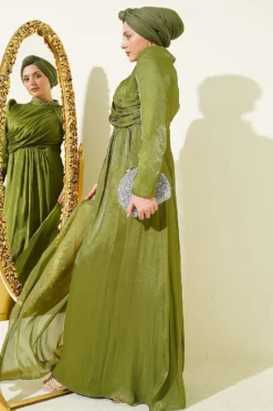 One Shoulder Cape Embellished Evening Dress Khaki groothandel dress - Hicabistan Turkije fabriek