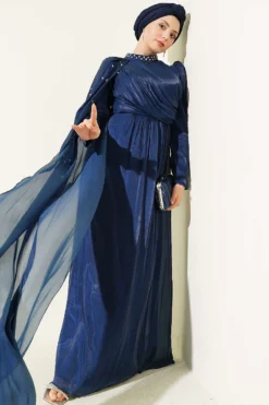 One Shoulder Cape Embellished Evening Dress Navy Blue en gros dress view 2 - Hicabistan usine Turquie