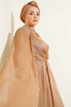 One Shoulder Cape Embellished Evening Dress groothandel dress view 2 - Hicabistan Turkije fabriek