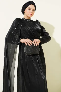 One Shoulder Cape Embellished Evening Dress Black groothandel dress - Hicabistan Turkije fabriek