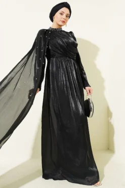 One Shoulder Cape Embellished Evening Dress Black groothandel dress view 2 - Hicabistan Turkije fabriek
