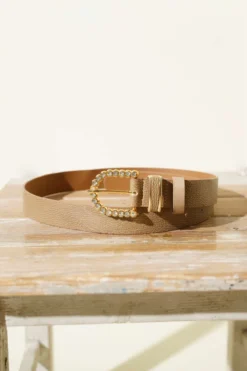 Belt with Oval Rhinestones Beige