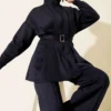Long Trousers with Belt Two-Piece Set Navy Blue