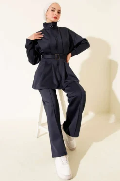 Long Trousers with Belt Two-Piece Set Navy Blue wholesale clothing set view 2 - Hicabistan Turkey factory
