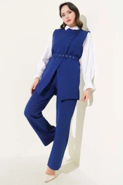 Long Vest with Cross Button Two-Piece Set Navy Blue