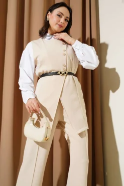 Long Vest with Belt Two-Piece Set Beige wholesale clothing set view 2 - Hicabistan Turkey factory