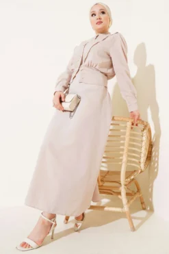 V Neck Blazer Dress Set Beige