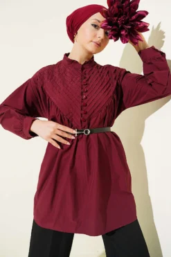 V Ribbed Half Brit Button Tunic Burgundy