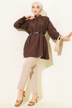 Alternatieve weergave van V Ribbed Half Brit Button Tunic Brown