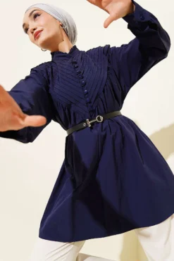V Ribbed Half Brit Button Tunic Navy Blue