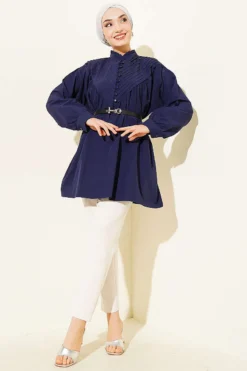 Alternatieve weergave van V Ribbed Half Brit Button Tunic Navy Blue