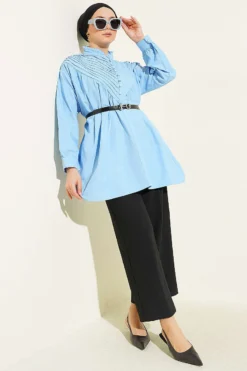 Alternatieve weergave van V Ribbed Half Brit Button Tunic Blue