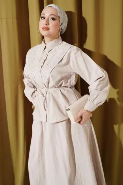Alternative view of V Stone Embellished Tencel Skirt Set Beige