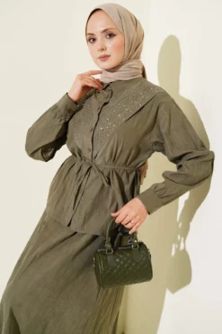 Alternative view of V Stone Embellished Tencel Skirt Set Khaki